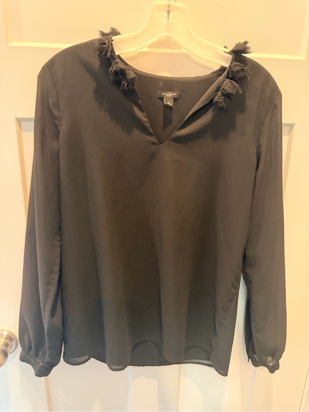 Ann Taylor Small Black Tassel Trim Split Neck Long Sleeve Blouse Boho Top